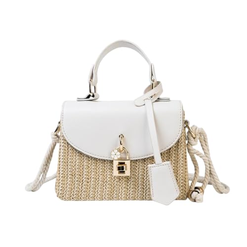 Strohgewebte quadratische Tasche für Frauen, gewebte Strandtasche, Rattan-Geldbörse, Sommer gewebte Umhängetasche, Tragetasche, Handtasche, Schultertasche (White, 19cm) von Generisch
