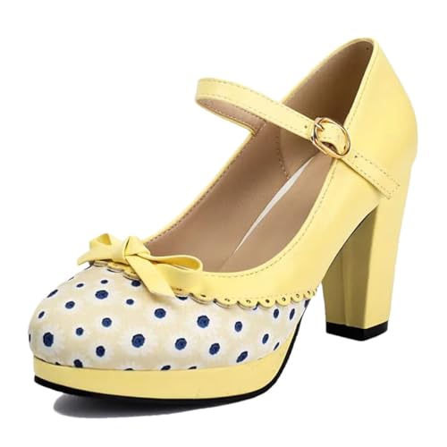 Süße Damen-Pumps, runde Zehen, klobige Absätze, 8,5 cm, Plateau, 1,5 cm, Schnallenriemen, Schleife, Übergröße, Dating-Schuhe, gelb, 33 EU von Generisch