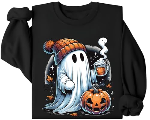 Süßes Geister-Sweatshirt, niedlicher Geist, trinkt Kaffee, Halloween-Geister-Sweatshirt, süßes Geister-Shirt, Schwarz , L von Generisch