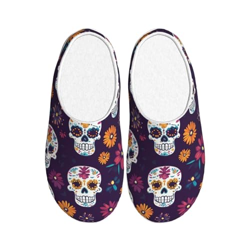 Sugar Skull Damen Hausschuhe Flanell Haus Pantoffeln für Männer Ethnische Skelett rutschfeste Warme Winterschuhe für Indoor Outdoor, mehrfarbig, 3X-Large von Generisch