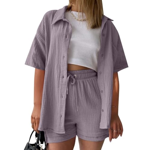 Summer Zweiteiler Damen Musselin Bluse Set, Elegant Leinen Bluse Hemd Und Shorts Einfarbig Lounge Set Strand Y2k Clothes Baumwolle Sportanzug Oversize Freizeitanzug Kurzarm Hausanzug Outfits von Generisch