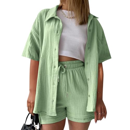 Summer Zweiteiler Damen Musselin Bluse Set, Elegant Leinen Bluse Hemd Und Shorts Einfarbig Lounge Set Strand Y2k Clothes Baumwolle Sportanzug Oversize Freizeitanzug Kurzarm Hausanzug Outfits von Generisch