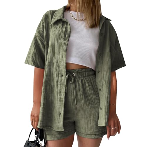 Summer Zweiteiler Damen Musselin Bluse Set, Elegant Leinen Bluse Hemd Und Shorts Einfarbig Lounge Set Strand Y2k Clothes Baumwolle Sportanzug Oversize Freizeitanzug Kurzarm Hausanzug Outfits von Generisch