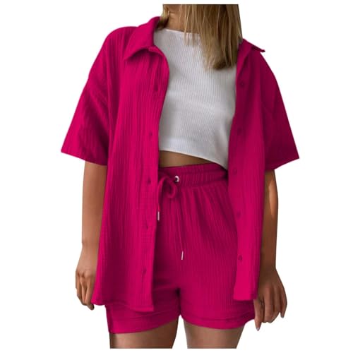 Summer Zweiteiler Damen Musselin Bluse Set, Elegant Leinen Bluse Hemd Und Shorts Einfarbig Lounge Set Strand Y2k Clothes Baumwolle Sportanzug Oversize Freizeitanzug Kurzarm Hausanzug Outfits von Generisch
