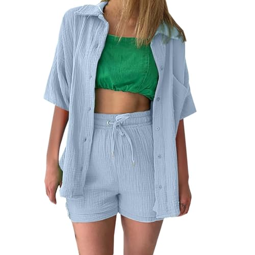 Summer Zweiteiler Damen Musselin Bluse Set, Elegant Leinen Bluse Hemd Und Shorts Einfarbig Lounge Set Strand Y2k Clothes Baumwolle Sportanzug Oversize Freizeitanzug Kurzarm Hausanzug Outfits von Generisch