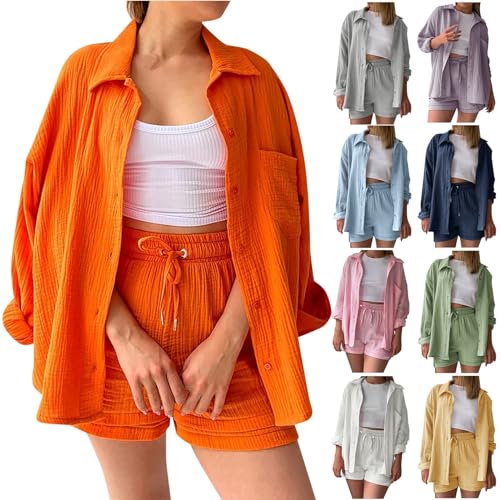 Summer Zweiteiler Damen Musselin Bluse Set, Elegant Leinen Bluse Hemd Und Shorts Einfarbig Lounge Set Strand Y2k Clothes Baumwolle Sportanzug Oversize Freizeitanzug Kurzarm Hausanzug Outfits von Generisch