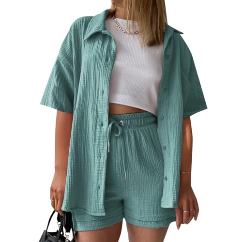 Summer Zweiteiler Damen Musselin Bluse Set, Elegant Leinen Bluse Hemd Und Shorts Einfarbig Lounge Set Strand Y2k Clothes Baumwolle Sportanzug Oversize Freizeitanzug Kurzarm Hausanzug Outfits Summer Zweiteiler Damen Musselin Bluse Set, Elegant Leinen Bluse Hemd Und Shorts Einfarbig Lounge Set Strand Y2k Clothes Baumwolle Sportanzug Oversize Freizeitanzug Kurzarm Hausanzug Outfits von Generisch