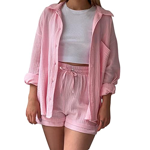 Summer Zweiteiler Damen Musselin Bluse Set - Outfit Leinen Bluse Hemd Und Shorts Casual Einfarbig Lounge Set Strand Y2K Clothes Baumwolle Sportanzug Elegant Oversize Freizeitanzug Langarm Hausanzug von Generisch