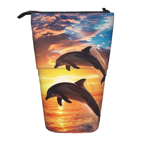 Sunset Delphin Jumping Standing Pencil Case Sea Ocean Pen Pouch Holder Telescopic Pencil Bag Pop Up Cosmetics Bag Stationery Organizer for School Office Travel von Generisch