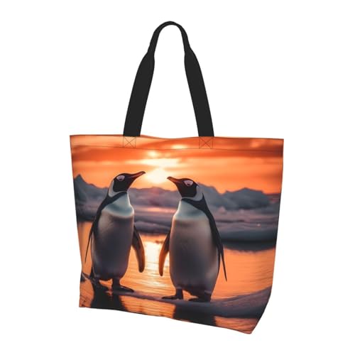 Sunset Penguin Tote Bag Damen Schulterhandtaschen Meer Ozean Einkaufstaschen Wasserabweisend Große Handtasche mit Innentasche für Arbeit Reise Schule von Generisch