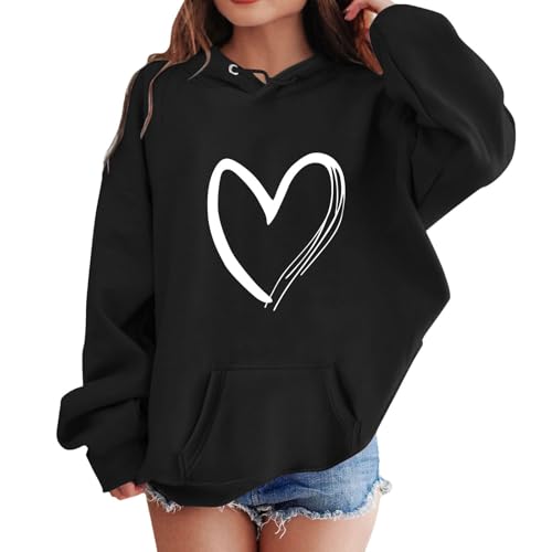 Sweat Shirt Schwarz Hoodie Mädchen 146 Sweatshirt Herz Druck Kapuzenpulli Kids Hooded Kapuzenjacke Casual Pullover Baggy Kapuzenpullover Sweatjacke Mit Kapuze Girl Autumn Winter Clothes von Generisch