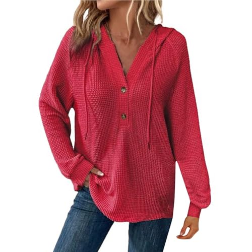 Sweater Damen Strick, Hoodie Damen Oversize Pullover Lockere Damenpullover Langarm Sweater Lustige Sweatshirt V Ausschnitt Tops Waffelmuster Strickpullover Jacquard Kapuzenpullover Locker Langarmshirt von Generisch