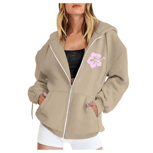 Sweatjacke Damen, Sweatjacke Damen Oversize Backprint Zipper Hoodie Kapuzenjacke Langarm Sweatshirt Jacke mit Kapuze Casual Aufdruck Kapuzenpullover mit Reißverschluss Sport Style Mantel Outwear von Generisch
