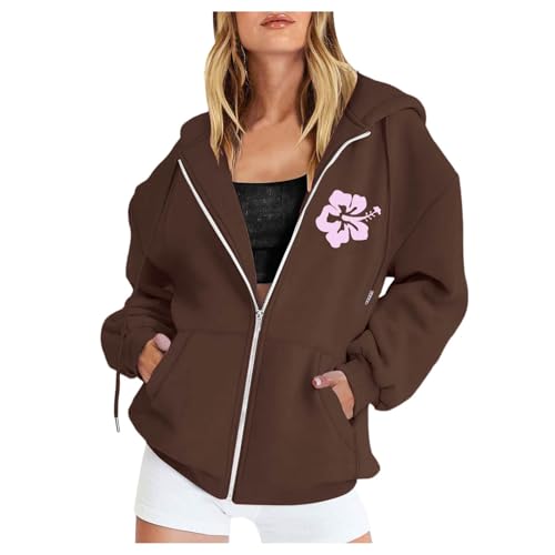 Sweatjacke Damen, Sweatjacke Damen Oversize Backprint Zipper Hoodie Kapuzenjacke Langarm Sweatshirt Jacke mit Kapuze Casual Aufdruck Kapuzenpullover mit Reißverschluss Sport Style Mantel Outwear von Generisch