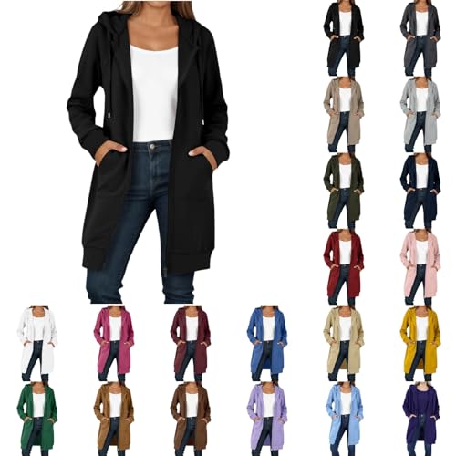 Sweatjacke Damen Lange Kapuzenpullover mit Reißverschluss Hoodie Jacke Langarm Winter Pulli Übergangsjacke Sweatshirts Kapuzenpullover Streetwear Strickjacke mit Taschen Mäntel für Damen Kapuzenjacke von Generisch