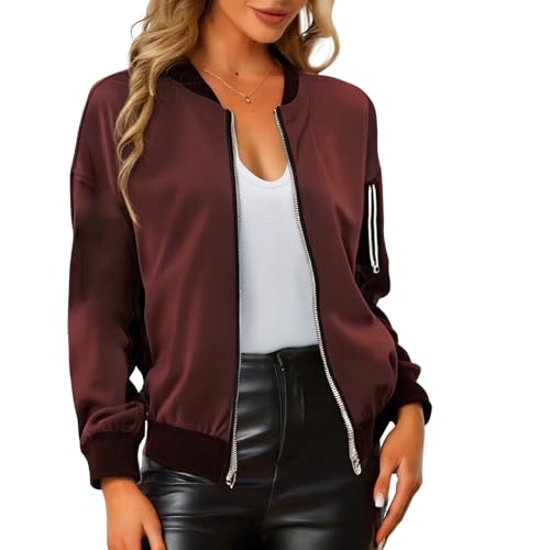 Sweatjacke Damen Leicht Casual Bomberjacke Kurze Blouson Jacke Baseball Reißverschluss Übergangsjacke (DE/NL/SE/PL, Alphanumerisch, L, Regular, Regular, Weinrot) von Generisch
