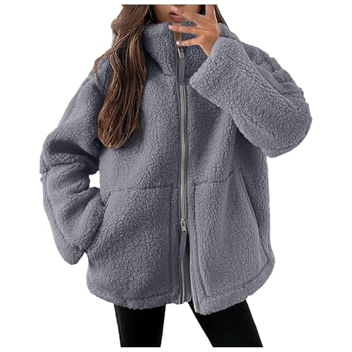 Sweatjacke Damen Ohne Kapuze, Teddyjacke Damen Warme Doppelschneidiger Samt Jacke Dicke Freizeit Winterjacke Einfarbig Fleecejacke mit Taschen Reißverschluss Wintermantel 2024 Neueste Plüschjacke von Generisch