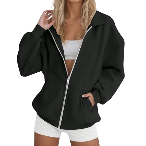 Sweatjacke Damen Ohne Kapuze Oversize Hoodie Baumwoll Zipper Sportjacke Reverskragen Langarm Sweatshirt Jacke mit Tasche Herbst Winter Dünne Pullover Leichte Bequeme Sport Style Jacken Streetwear von Generisch