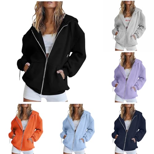 Sweatjacke Damen Oversize Zipper Hoodie Sport Style Casual Sweatshirt Jacke Mit Kapuze Langarm Kapuzenpullover Mit Reißverschluss Kapuzenjacke mit Taschen Einfarbig Hoody Pullover Autumn Winter von Generisch