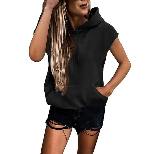 Sweatjacke Damen mit Kapuze, Damen Sweatjacke Ladies Sleeveless Hoody mit Kapuze T-Shirt Damen Sommer Kurzarm Oberteile Hoodie Sweatweste Einfarbig Kapuzenshirt Sweatshirt Tops mit Kordelzug von Generisch