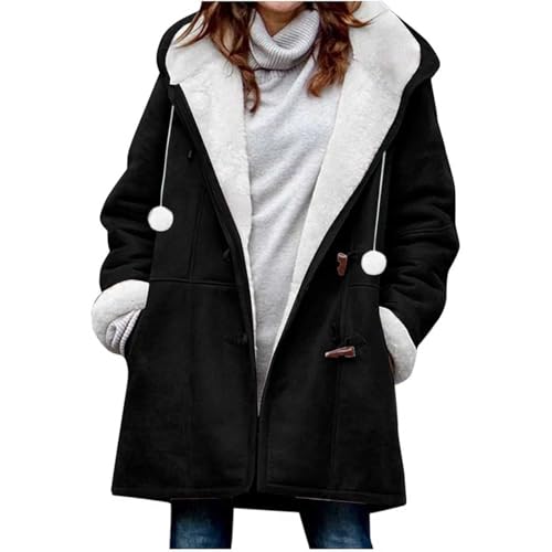 Sweatjacke für Damen mit Kapuze Winterjacke Klassisch Outdoorjacke Langarm Steppjacke Verdickt Gefüttert Steppmantel Einfarbig Fleecejacke (DE/NL/SE/PL, Alphanumerisch, L, Regular, Regular, Schwarz) von Generisch
