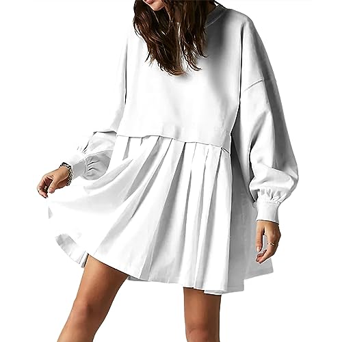 Sweatkleid Damen Langarm Ohne Kapuze Winterkleid Damen Elegant Patchwork Plisseekleid Kurz A Linie Kleid Winter Damen Rundhals Faltenkleid Lässig Kleider Frauen Frühling Winter Minikleid von Generisch