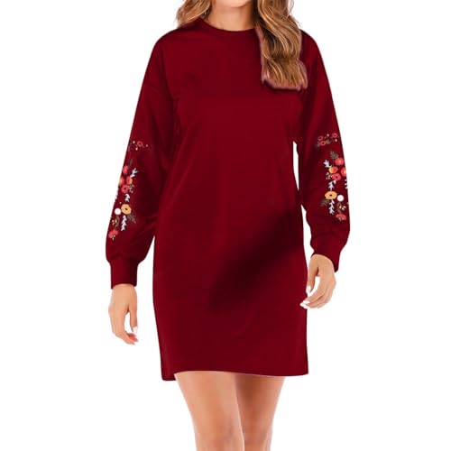 Sweatkleid Damen Langarm Stickerei Blusenkleid Damen Winter Kleid A Linie Kleider Damen Elegant Kurz Tunika Kleid Damen Winter Rundhals Herbstkleid Leicht Freizeitkleider Damenkleider von Generisch