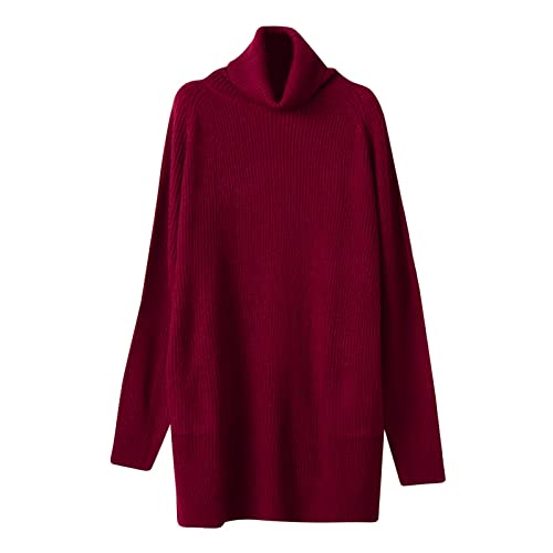 Sweatkleid Damen Longpullover Langarm Elastizität Pulloverkleid Strickpulli Grobstrick Rollkragen Strickkleid Fledermaus Weich Pullunder Midikleid Hoodie Rollkragenkleid Hemdkleid (ZbA-Wine, S) von Generisch