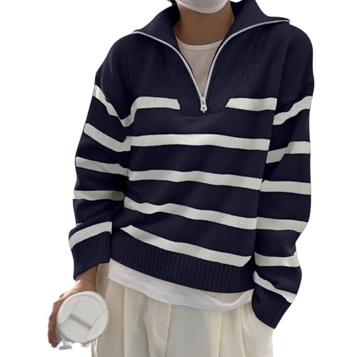 Sweatshirt Damen Gestreiftes Strickpullover Mode Lose Revers Pullover Gestrickt Pulli Winterpullover Frauen Strickpulli mit Reißverschluss Casual Sweater Oberteil Tops von Generisch