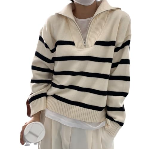 Sweatshirt Damen Gestreiftes Strickpullover Mode Lose Revers Pullover Gestrickt Pulli Winterpullover Frauen Strickpulli mit Reißverschluss Casual Sweater Oberteil Tops von Generisch