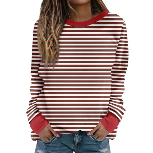 Sweatshirt Damen Mit Streifen Rundhals Langarm T-Shirt Gestreift Druck Langarmshirt Elegant Casual Pullover Oberteile Atmungsaktiv Freizeit Bluse Tops Regular Fit Sweatpullover Ohne Kapuze von Generisch