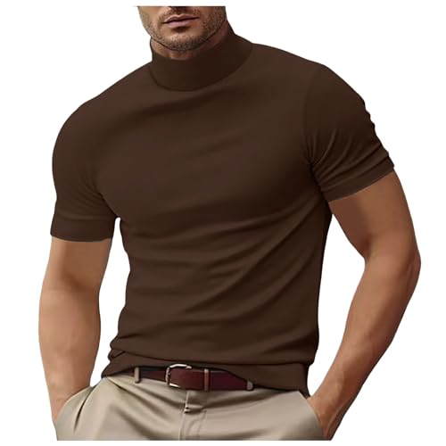 Bequemer Herren Rollkragen-Shirt Kurzarm Pullover Unterhemd Slim Fit Top Oversized T-Shirt Gym Lockerer (Brown, L) von Generisch