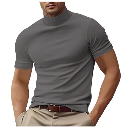Bequemer Herren Rollkragen-Shirt Kurzarm Pullover Unterhemd Slim Fit Top Oversized T-Shirt Gym Lockerer (Light Gray, XXL) von Generisch