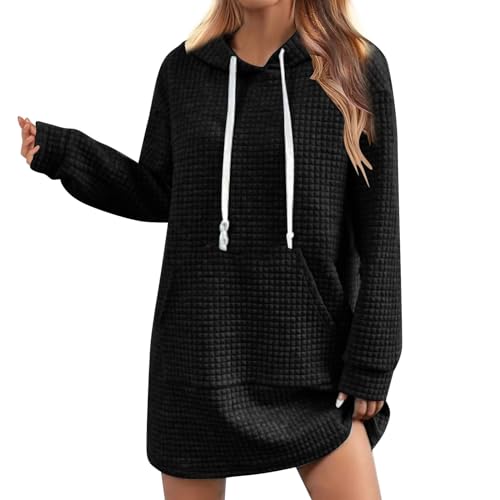 Sweatshirt Kleid Damen Schwarz Langarm Oversize Lang Sweatkleid Pulloverkleid Vintage Grün Herbst Hoody Kleid Mit Kapuze Taschen Große Größen Baumwolle Hoodiekleid Sweatshirtkleid Kapuzenkleid von Generisch