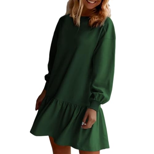 Sweatshirt-Kleid für Damen, Herbst, langärmelig, Pullover, Tops, Rundhalsausschnitt, Rippstrick, gerüscht, lässig, Minikleider, grün, M von Generisch