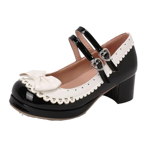 Sweet Mary Janes Damen-Pumps mit Blockabsatz, gemischte Farben, Schleife, Doppelschnalle, Riemen, Übergröße, Stil, Schwarz , 47 EU Sweet Mary Janes Damen-Pumps mit Blockabsatz, gemischte Farben, Schleife, Doppelschnalle, Riemen, Übergröße, Stil, Schwarz , 47 EU von Generisch