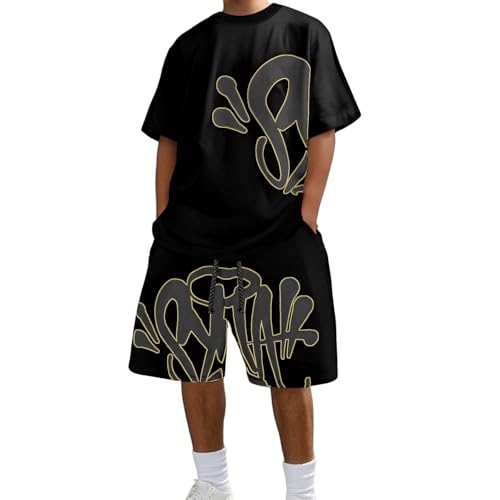 Syna World Herren T-Shirt und Shorts Set 2 Teiliges Sommer Tracksuit Trainingsanzug Jogginganzug Brief Drucken Y2K Hip Hop Kurzarm T-Shirts und Kurze Hosen Unisex Sommer 2-Teilig Outfit Sportanzug von Generisch