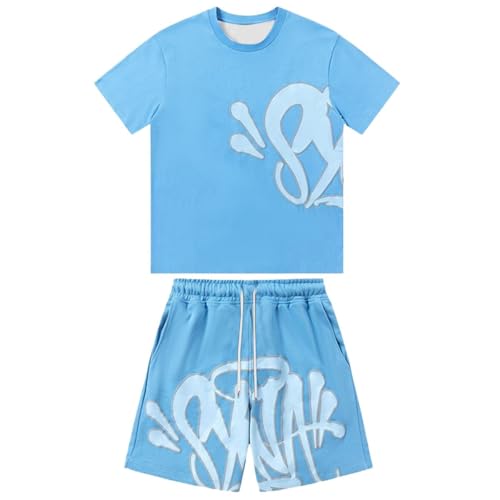 Syna World Jungen T-Shirt und Shorts Set 2 Teiliges Sommer Tracksuit Trainingsanzug Jogginganzug Brief Drucken Y2K Hip Hop Kurzarm T-Shirts und Kurze Unisex Kinder Sommer 2-Teilig Outfit Sportanzug von Generisch