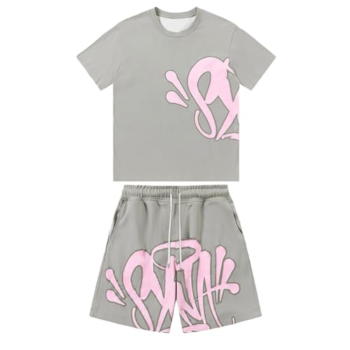 Syna World T-Shirt und Shorts Set Unisex 2 Teiliges Bequeme Sommer Outfit Oversized Sport Kleidung Zweiteiler Trainingsanzug Jogginganzug Kurzarm Y2K Hip Hop Kinder Buchstaben Druck Männer Loungewear von Generisch