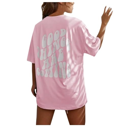 T-Shirt Damen Kurzarm Sport Sommer Oberteile Oversize Tshirt mit Buchstaben Muster Sweatshirt Lose Rundhals Rückendruck Bluse Sportshirt Teenager Mädchen Tunika Lang Top von Generisch