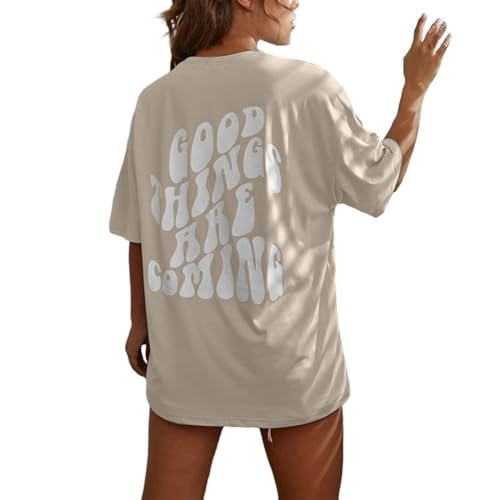 T-Shirt Damen Kurzarm Sport Sommer Oberteile Oversize Tshirt mit Buchstaben Muster Sweatshirt Lose Rundhals Rückendruck Bluse Sportshirt Teenager Mädchen Tunika Lang Top von Generisch