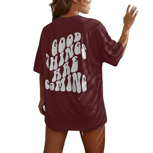 T-Shirt Damen Kurzarm Sport Sommer Oberteile Oversize Tshirt mit Buchstaben Muster Sweatshirt Lose Rundhals Rückendruck Bluse Sportshirt Teenager Mädchen Tunika Lang Top von Generisch