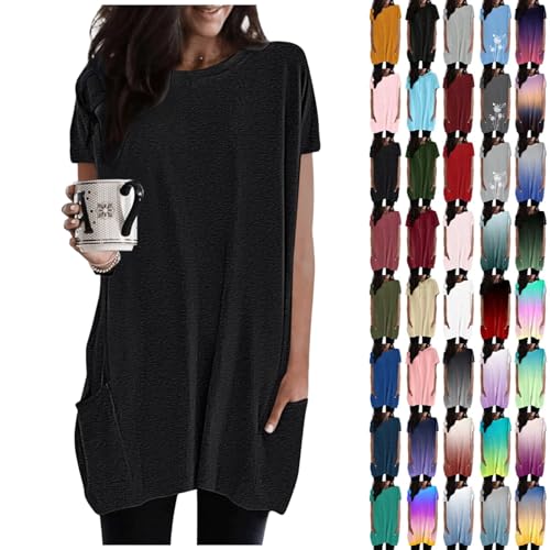 T Shirt Damen Lang mit Kapuze - Longshirt Damen Kurzarm Oberteile Sommer Tunika Bluse Solide Longtops Lässige Locker Hoodie Tshirt Taschen Rundhals Long Tops Pullover Blusen & Tuniken für Frauen von Generisch