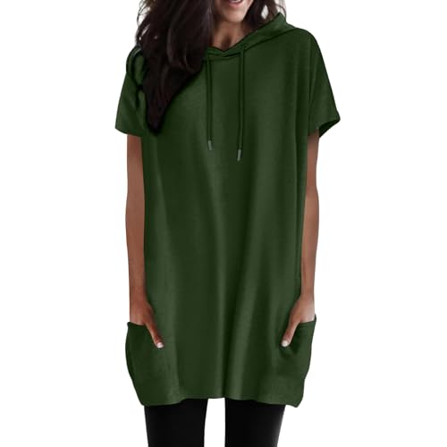 T Shirt Damen Lang mit Kapuze - Longshirt Damen Kurzarm Oberteile Sommer Tunika Bluse Solide Longtops Lässige Locker Hoodie Tshirt Taschen Rundhals Long Tops Pullover Blusen & Tuniken für Frauen von Generisch
