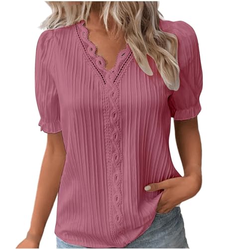 T-Shirt Damen Oversize Tshirt V Ausschnitt Elegante Oberteile Spitzen Sommer Bluse Tops Für Frauen Kurzarm T-Shirts Lässige Basic Tops Tunika Oberteil Meine Monatsabrechnung Einsehen von Generisch