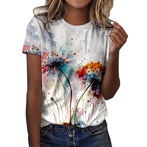 Generisch T Shirt Damen Weiß T-Shirt Damen Basic T Shirt Sommer Grafik Kurzarm Rundhals Tees Tops Blumen Motiv Bunte Bedruckt Casual Sommershirt Lose Lockere Lässige Oberteile Tshirts Baumwolle von Generisch