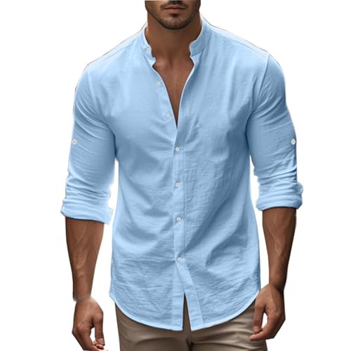 T Shirt Herren Henley Stehkragen Freizeithemd Langarmshirts Button Down Hemden Regular Fit Leicht Shirts Strand Hemd Casual Business-Blusen Herrenhemd Atmungsaktiv Bequeme Einfarbig Shirts von Generisch