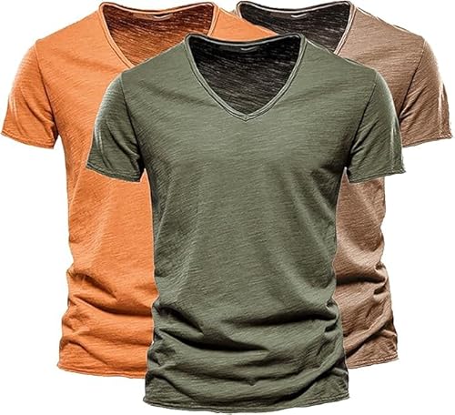 T Shirt Herren Lang, T Shirt Herren V Ausschnitt Lang Oversized Tshirt Set Pack 3er Basic Unifarben Longshirt Kurzarm Mode 2025 Cutted Shirts Aus Slub Baumwolle, Orange+Armeegrün+Braun, XL von Generisch