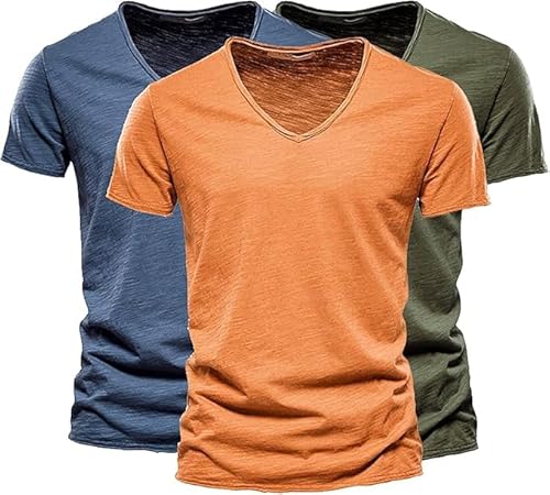 T-Shirt Herren V-Ausschnitt, T Shirt Herren V Ausschnitt Lang Oversized Tshirt Set Pack 3er Basic Unifarben Longshirt Kurzarm Mode 2025 Cutted Shirts Aus Slub Baumwolle, Marine+Orange+Armeegrün, M von Generisch