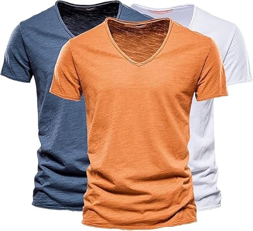 T-Shirt Herren V-Ausschnitt, T Shirt Herren V Ausschnitt Lang Oversized Tshirt Set Pack 3er Basic Unifarben Longshirt Kurzarm Mode 2025 Cutted Shirts Aus Slub Baumwolle, Marine+Weiß+Orange, XL von Generisch